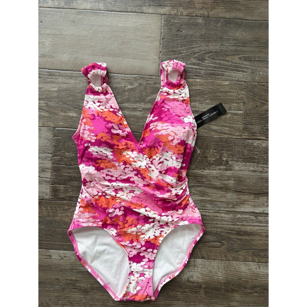 NWT Carmen Marc Valvo One Piece Swimsuit Womens Size 8 Hibiscus Pink Orange read